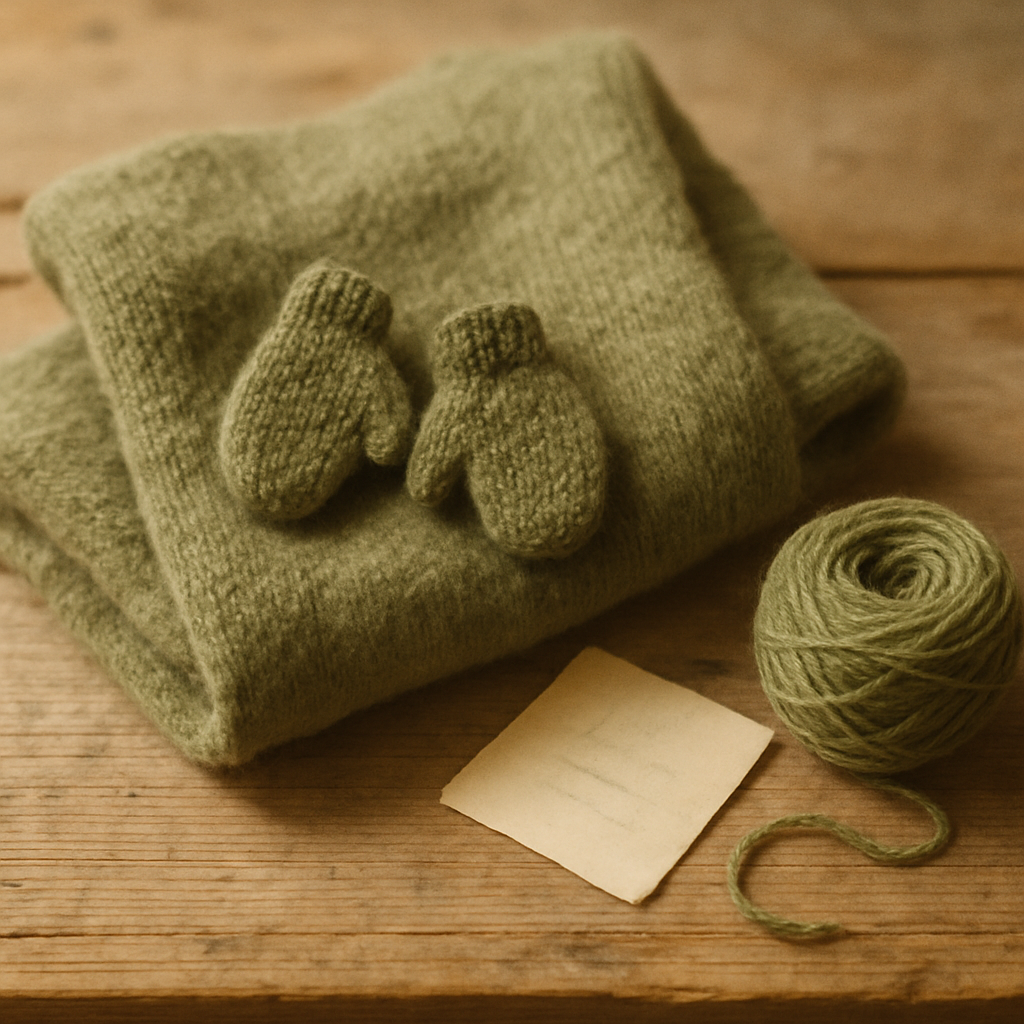 A pair of small moss-green wool mittens resting on a folded moss-green woolen cardigan, with a coil of the same yarn and a small handwritten paper note beside them.