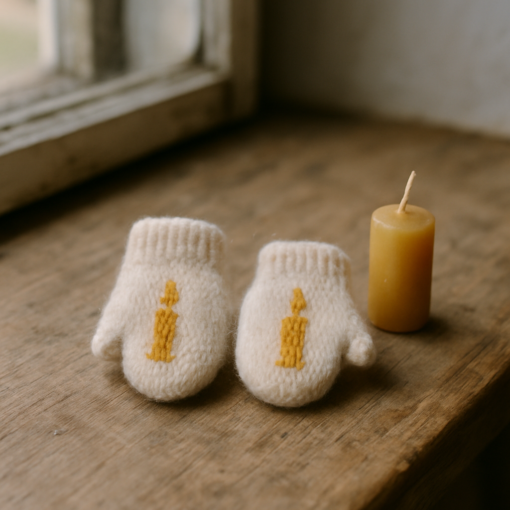 A pair of small cream wool mittens, each with a tiny beeswax-gold candle and orange flame knit across the back of the paw, on a weathered pine plank beside an unlit beeswax candle.