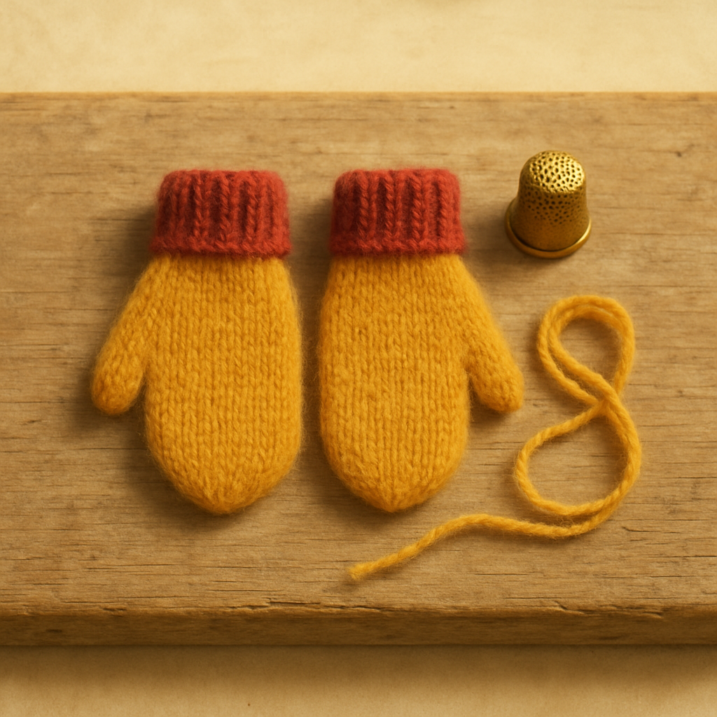 A pair of small marigold-yellow wool mittens with soft beetroot-red cuffs, beside a brass thimble and a coiled length of yarn on a weathered pine plank.