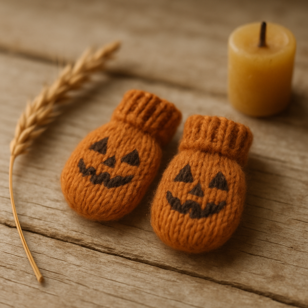 A pair of small pumpkin-orange wool mittens, each with a tiny carved-lantern face knit in walnut-brown across the back of the paw, on a weathered pine plank beside a sprig of dried wheat and a short stub of beeswax candle.