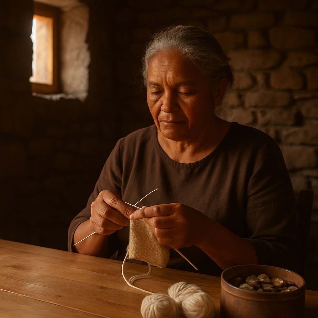 Mara Venter, silver hair tied back, knitting at a long pine table in soft Karoo light, small skeins of cream wool and a button tin at the edge of the frame.