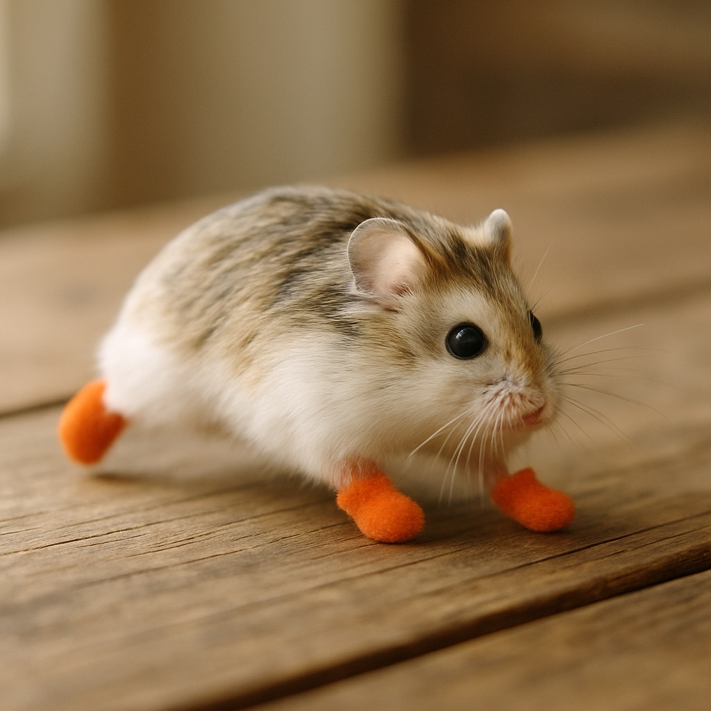 A small roborovski hamster mid-scamper across weathered pine planks, wearing four tiny orange wool mittens with the warm glow of The Lantern.