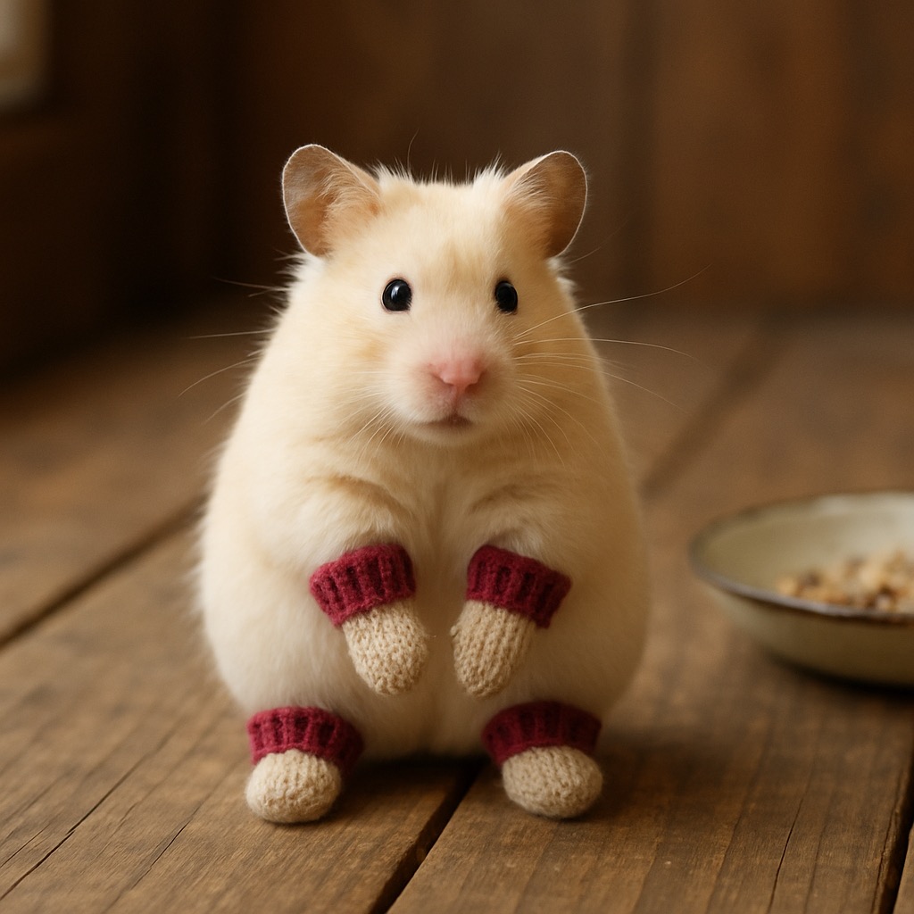 A young cream Syrian hamster sitting upright on weathered pine, wearing four tiny hand-knit wool mittens with soft beetroot-red cuffs, an enamel saucer of seeds blurred nearby.