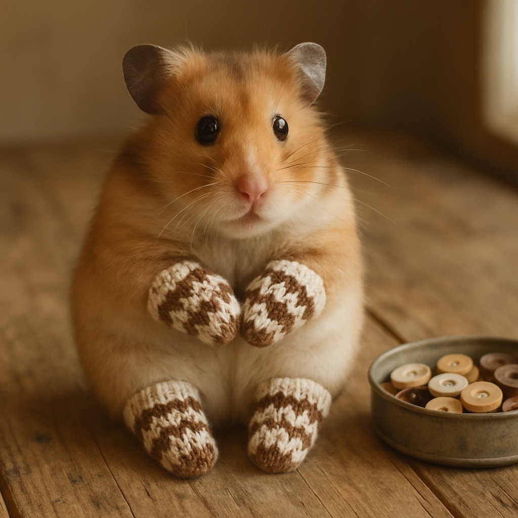 An older golden Syrian hamster sitting upright on weathered pine, paws together, wearing four tiny fair isle mittens worked in cream and walnut wool beside a shallow button tin.