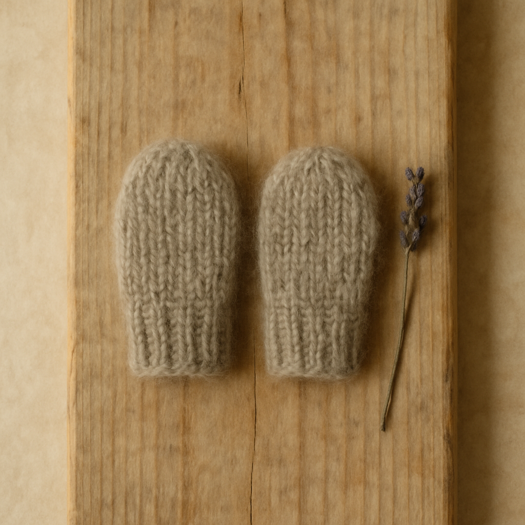 A pair of small undyed natural grey wool mittens with a simple rib cuff, lying flat on a weathered pine plank with a single sprig of dried lavender placed beside them.